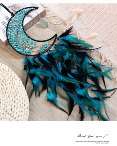 Moon dreamcatcher wall decor with turquoise tree of life and blue feathers hanging detail