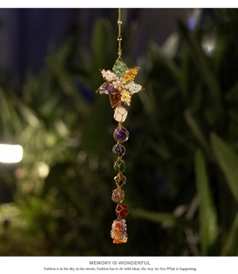 Close-up of handmade seven chakra natural stones hanging decor with a hexagonal star