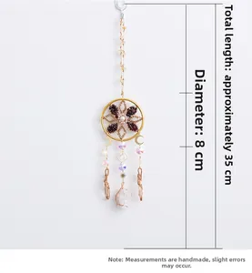 Dream catcher hanging decor with metal moon, faceted beads and natural raw stone pendant
