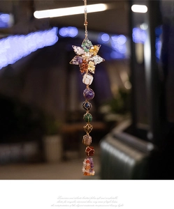 Macro detail of handmade crystal stone dreamcatcher with woven metal star and pearl