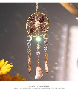 Bohemian gold dreamcatcher with rainbow crystals and natural raw quartz stone pendant