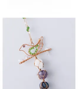 Detailed wire-wrapped bird pendant with natural irregular raw crystals and weaving art