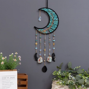 Bohemian Tree of Life moon suncatcher with turquoise crystals and metal stars decor