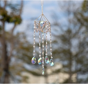 Detail of geometric sun catcher with purple beads and aurora crystal teardrop prisms