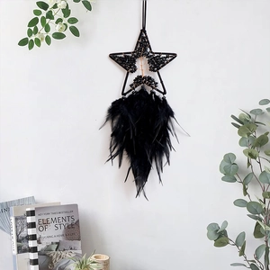 Handmade black pentagram dream catcher with natural feathers and crystals home decor