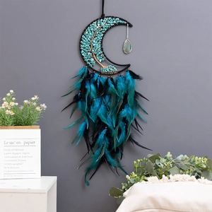 Handmade Moon Dream Catcher With Tree Of Life Turquoise Stones Feather Wall Hanging Decor For Boho Home Bedroom Decoration