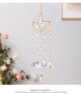 Macro detail of rainbow crystal suncatcher prisms with golden metal frame and beads