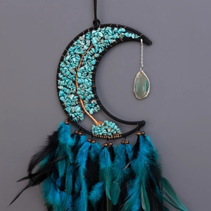 Handmade moon dream catcher with turquoise tree of life and black feathers wall decor