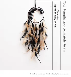 Detail of dream catcher showing 16cm diameter and tree of life beadwork with feathers