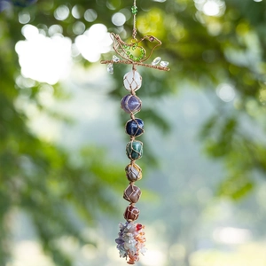 Handmade copper wire bird chakra ornament with seven natural raw healing stones and crystals