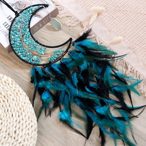 Bohemian moon dream catcher wall decor with turquoise tree of life and black blue feathers