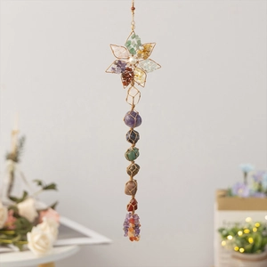 Handmade 7 chakra natural crystal stone suncatcher with woven hexagram and raw stones
