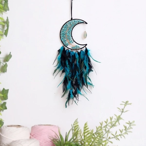 Bohemian moon dream catcher with turquoise tree of life and feathers wall decor