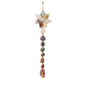 Handmade Seven Chakra raw crystal stone hanging ornament with metal flower frame