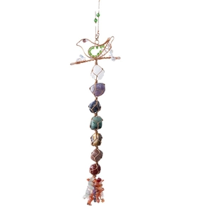 Handmade copper wire bird ornament with seven natural chakra healing stones and fringe
