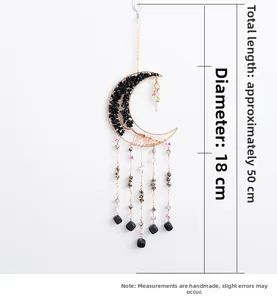 Mond-Traumfänger mit Lebensbaum aus schwarzem Kies, Maße 18 cm Durchmesser und 50 cm Länge