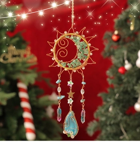 Attrape-rêves soleil et lune fait main avec aventurine verte et prismes de cristal