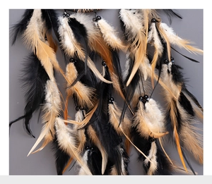 Close-up of bohemian dream catcher featuring vibrant orange, black, and white feathers with beads