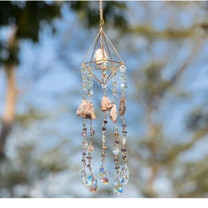 Detailed close-up of amethyst suncatcher with colorful beads and crystal prism