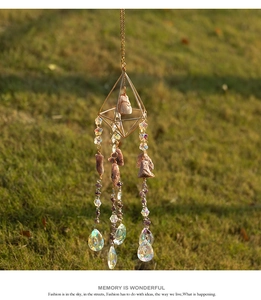 Close-up of geometric suncatcher with purple amethyst crystals and crystal prism pendant