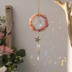 Suncatcher pendant with watermelon crystal gravel and faceted crystal ball on metal chain