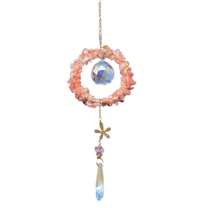 Watermelon crystal suncatcher pendant with pink stone ring and faceted drop crystal