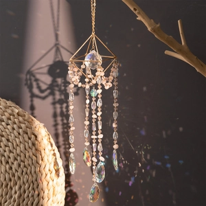 Geometric Iron Pyramid Suncatcher Hanging Ornament With Rose Quartz And Prism Crystal Beads For Window Garden Home Decor