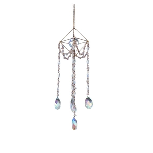 Golden geometric crystal suncatcher with pink beads and colorful prism teardrops