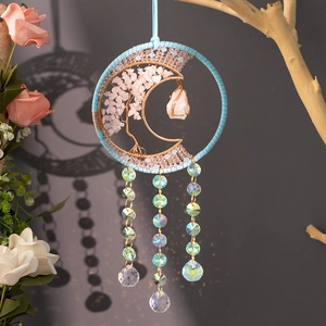 Moon Tree of Life suncatcher with pink quartz crystals for garden and home decor