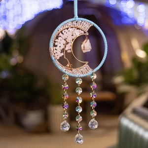 Tree of Life suncatcher with pink crystals and blue woven ring for garden decor