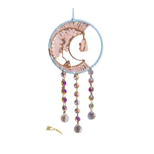 Tree of Life pink crystal moon suncatcher with hanging colorful prism glass balls
