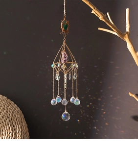 Detailed close-up of a crystal suncatcher with amethyst stone and rainbow prisms