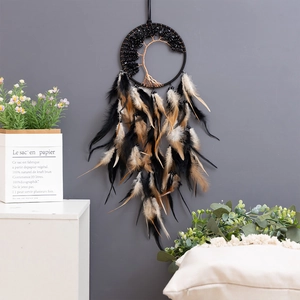 Bohemian dream catcher with moon tree of life design and natural feathers for wall decor