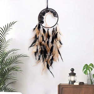 Bohemian Tree of Life dream catcher with black feathers and stone beads wall hanging decor