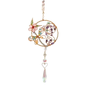 Handgefertigter Libelle Sonnenfänger mit bunten Kristallen und Blumen-Metallrahmen