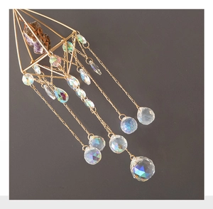 Macro detail of suncatcher featuring purple amethyst stone and crystal prisms