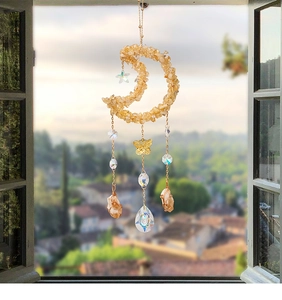 Detailed suncatcher with citrine moon, golden butterfly and faceted crystal ball