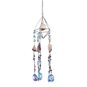 Hanging amethyst crystal suncatcher with golden pyramid frame and colorful waterdrop pendants