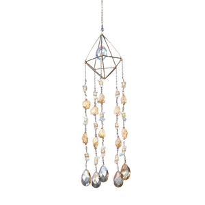 Handmade golden suncatcher with raw citrine stones and crystal drops in a pyramid frame