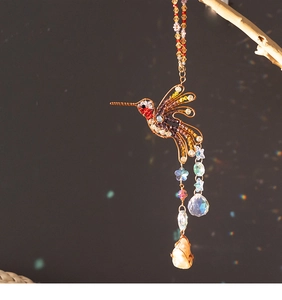 Detailed hummingbird suncatcher with multicolor beads and natural stone pendant hanging