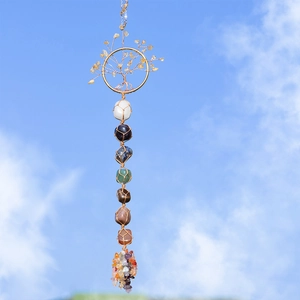 7 Chakra Naturstein Lebensbaum Hängeornament Gold Drahtgewickelt Rohsteine Spirituelle Heilung Zuhause Auto Deko Meditationsgeschenk
