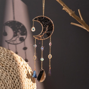Bohemian crescent moon suncatcher with tree of life and evil eye crystal pendants
