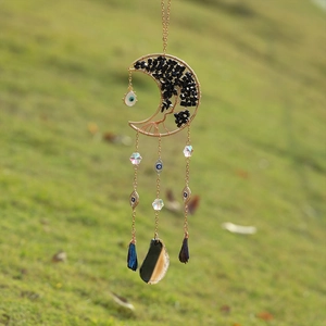 Bohemian gold crescent moon suncatcher with Tree of Life and crystal prisms for garden