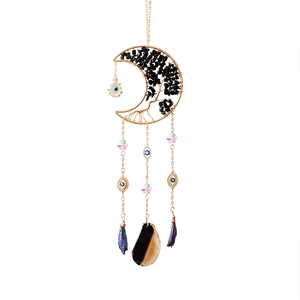 Boho moon suncatcher with black tree of life, evil eye beads and crystal moon pendant