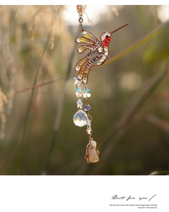 Detailed hummingbird suncatcher with purple beads and faceted crystal ball prism