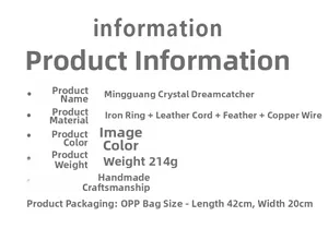 Detail list showing material specs and sizes for the white feather tree of life dreamcatcher