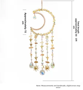 Detail view of moon dreamcatcher with crystal stones and 50cm total length measurement