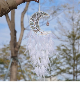 Detailed moon dream catcher featuring crystal tree of life and white feathers hanging