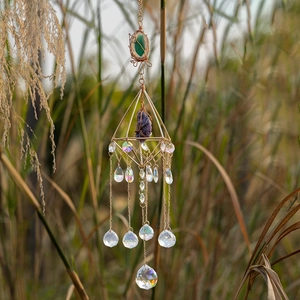 Handmade geometric crystal suncatcher with purple amethyst and rainbow prisms for windows