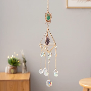 Owl crystal suncatcher with natural amethyst and gold geometric frame for home decor